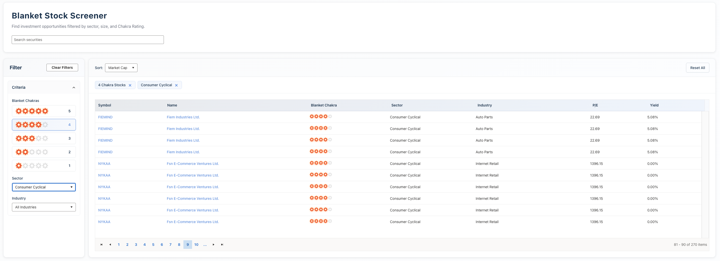 Blanket screener interface with Add to Watchlist controls