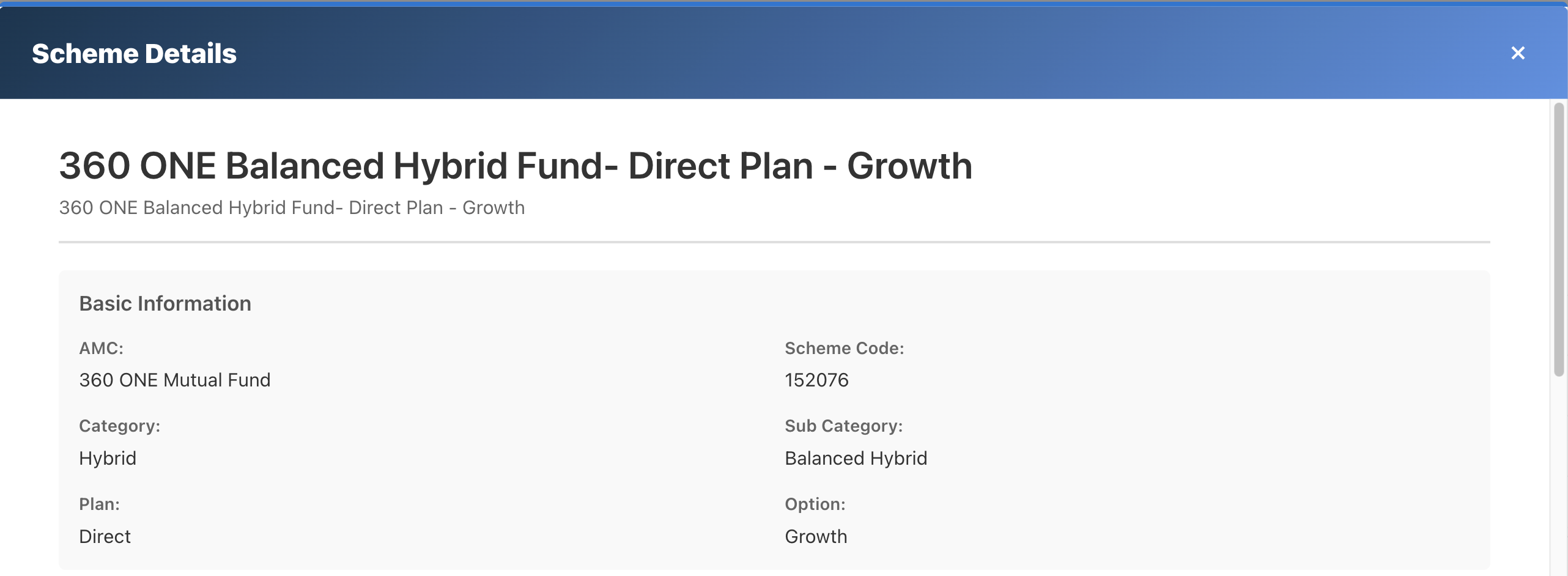 Blanket mutual fund summary card with key statistics