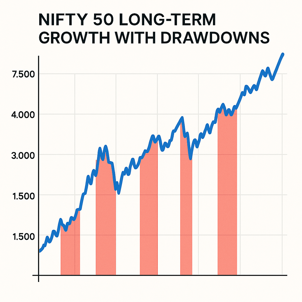 Nifty 50 long-term growth with drawdowns highlighted